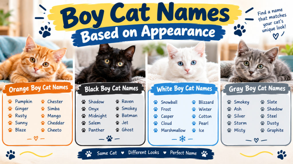 Boy cat names based on appearance for orange, black, white, and gray male cats