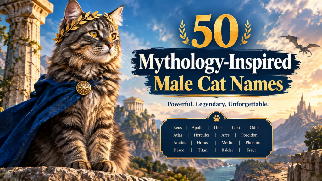 50 mythology-inspired male cat names featuring a majestic cat in a fantasy setting