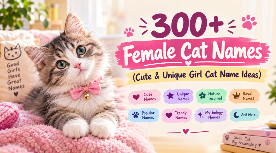 : 300+ female cat names with cute and unique girl cat name ideas featuring an adorable kitten in a pink setting