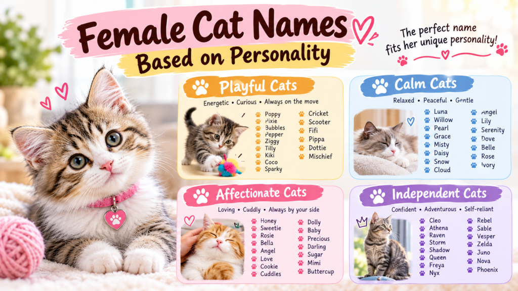 Female cat names based on personality for playful, calm, affectionate, and independent cats
