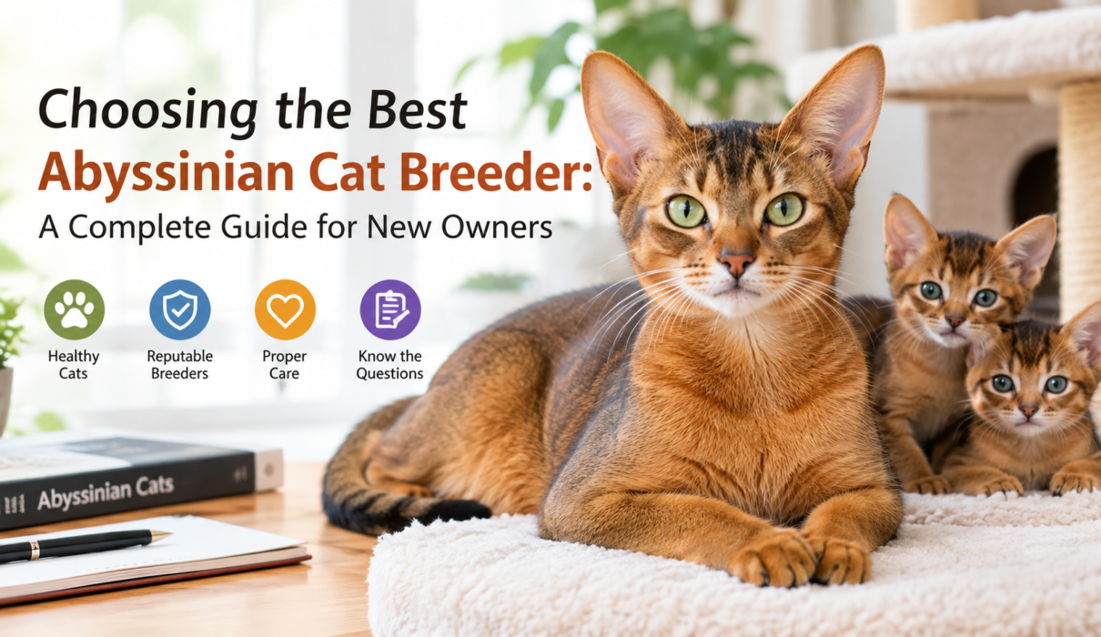 Abyssinian cat with kittens representing a guide to choosing a reputable Abyssinian cat breeder