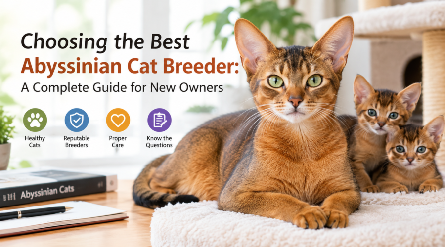 Abyssinian cat with kittens representing a guide to choosing a reputable Abyssinian cat breeder