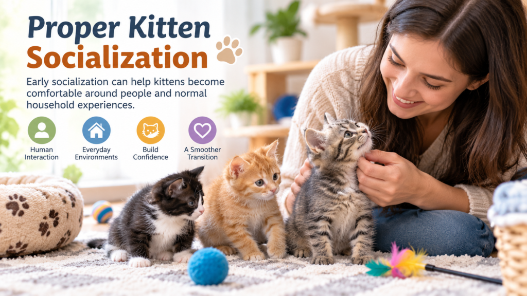 Person gently socializing kittens through positive human interaction in a home environment