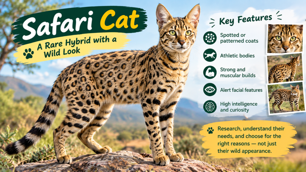 Safari Cat with a spotted coat and wild appearance standing outdoors, representing a rare hybrid cat breed.