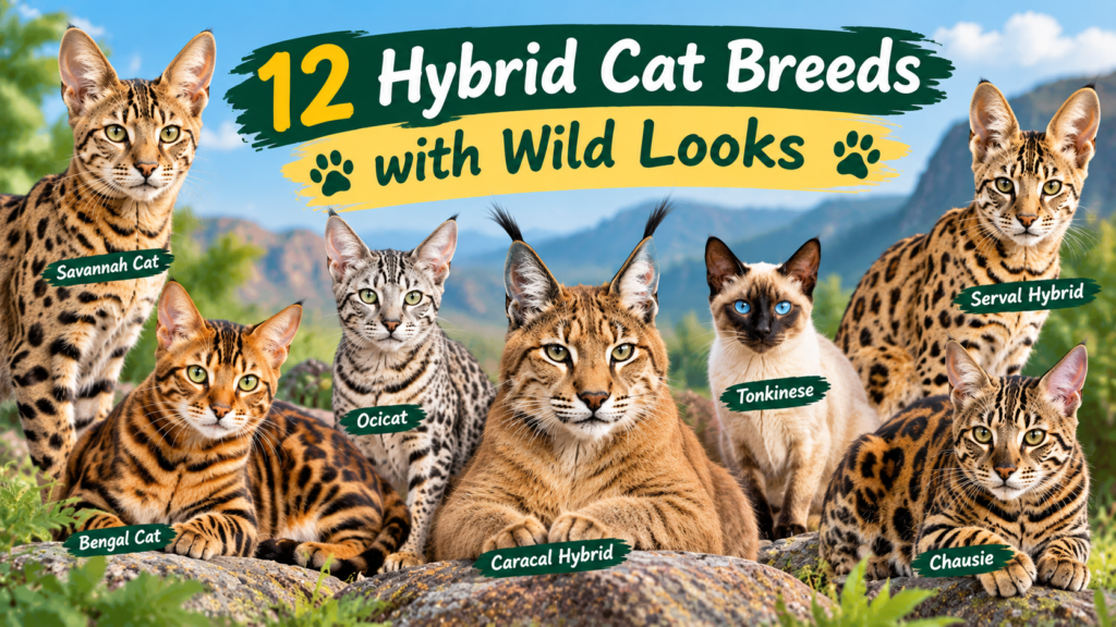 12 hybrid cat breeds with wild looks, featuring exotic cats with spotted and striped coats.