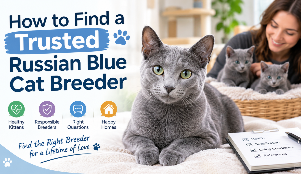 Russian Blue cat and kittens with a trusted breeder guide for finding a responsible Russian Blue cat breeder.