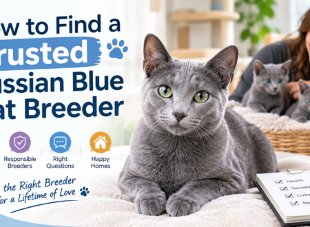 Russian Blue cat and kittens with a trusted breeder guide for finding a responsible Russian Blue cat breeder.