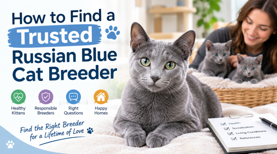 Russian Blue cat and kittens with a trusted breeder guide for finding a responsible Russian Blue cat breeder.