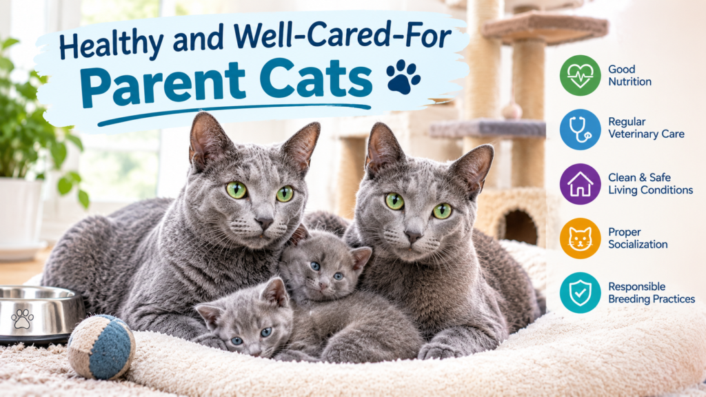 Healthy and well-cared-for parent cats with kittens in a clean home, representing responsible breeding, veterinary care, nutrition, and proper socialization.