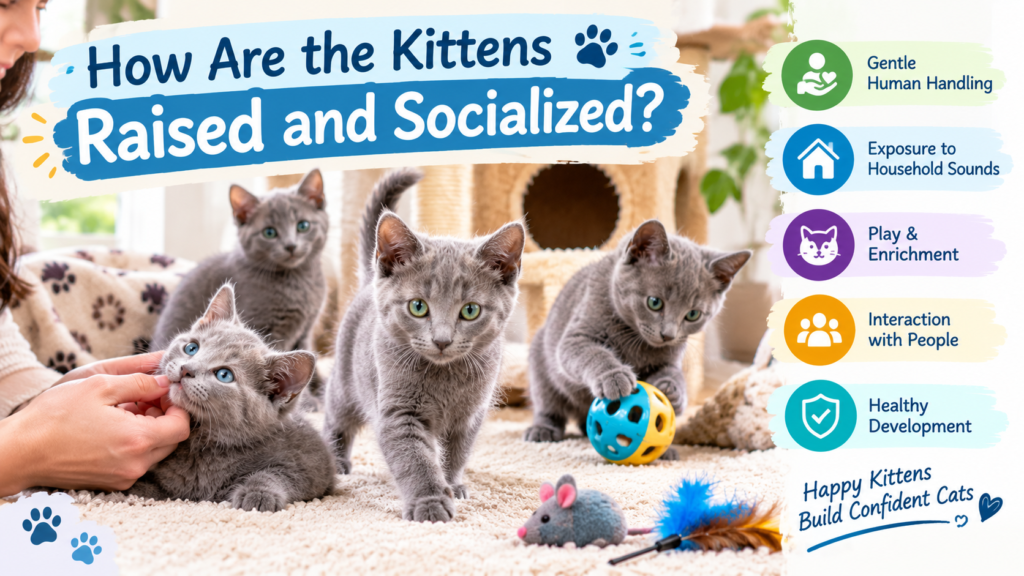 Kittens being gently raised and socialized through human interaction, play, and enrichment in a safe and comfortable environment.