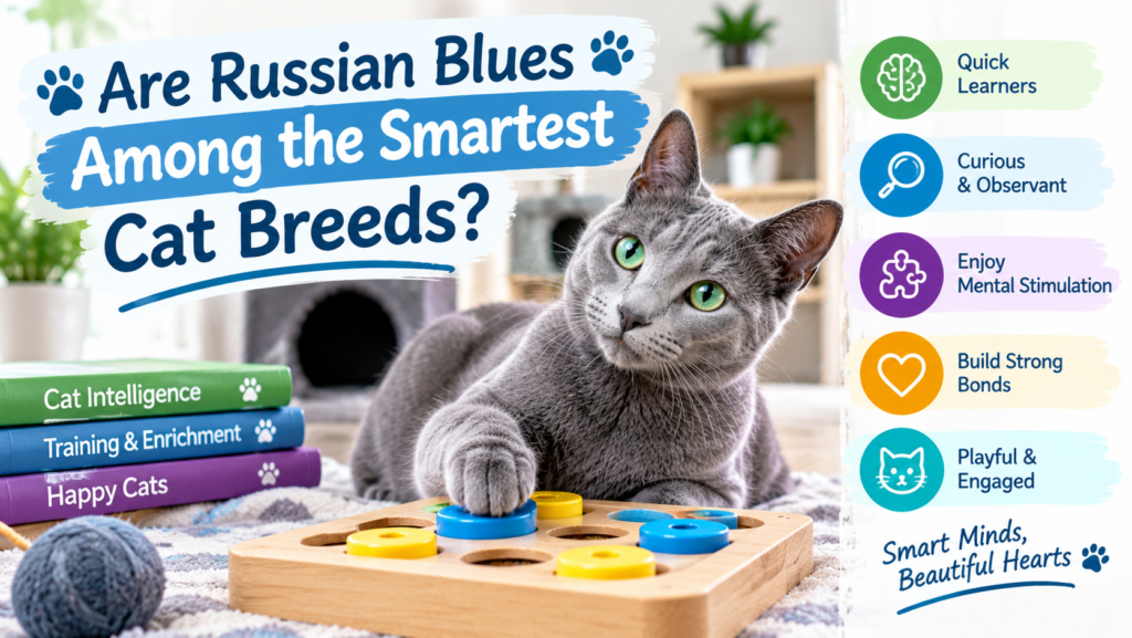 Russian Blue cat playing with a puzzle toy, representing intelligence, curiosity, mental stimulation, and one of the smartest cat breeds.