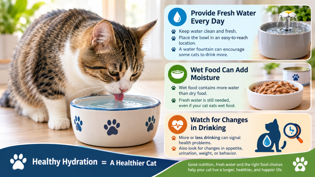 Cat drinking fresh water from a bowl with a water fountain and wet cat food, highlighting healthy hydration and cat nutrition.