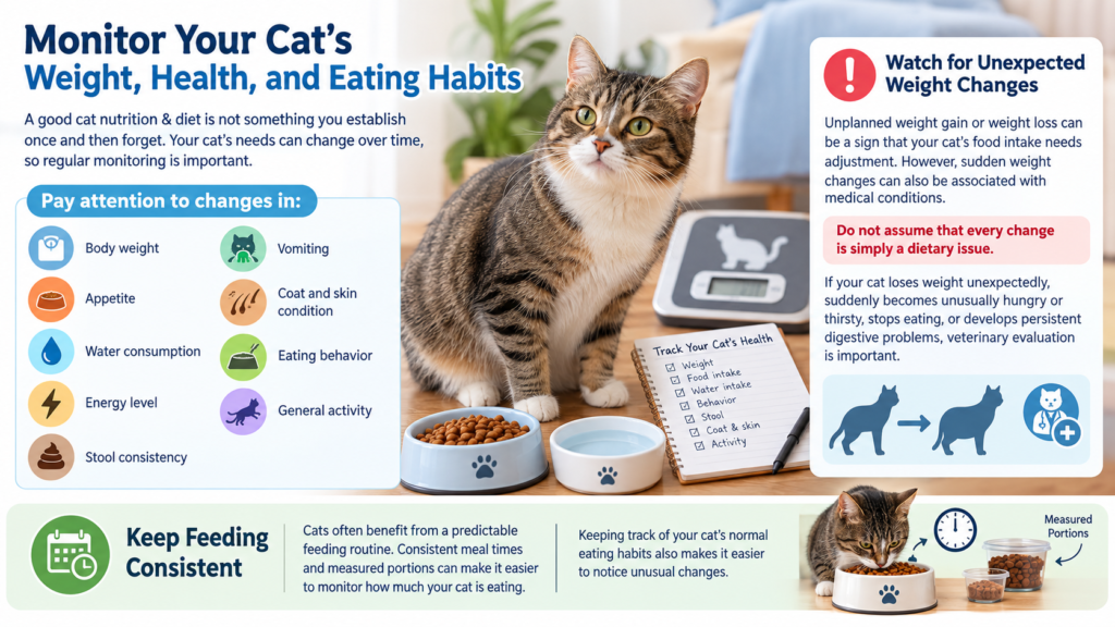 Cat Nutrition & Diet. Infographic showing how to monitor a cat’s weight, health, eating habits, and feeding routine