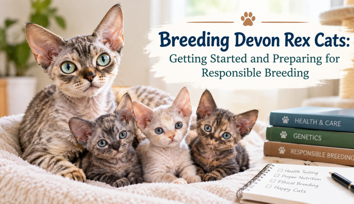 Devon Rex cat with kittens representing responsible Devon Rex cat breeding, health testing, genetics, and breeding preparation