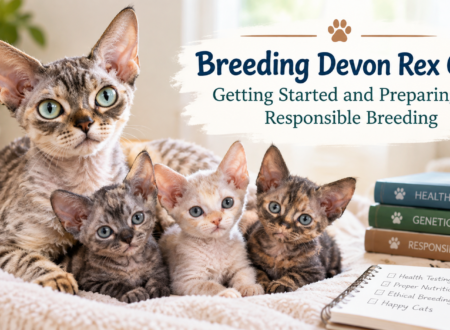 Devon Rex cat with kittens representing responsible Devon Rex cat breeding, health testing, genetics, and breeding preparation