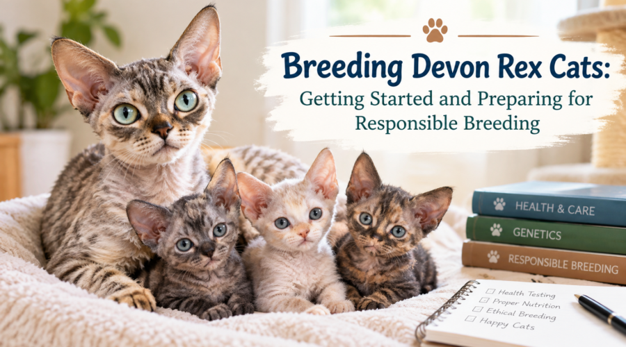 Devon Rex cat with kittens representing responsible Devon Rex cat breeding, health testing, genetics, and breeding preparation