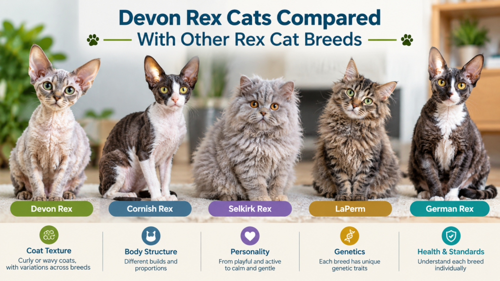 Devon Rex Cats Compared With Other Rex Cat BreedsThe Devon Rex belongs to a group commonly described as rex cat breeds because of its distinctive curly or wavy coat.

However, not all Rex breeds are identical. Different breeds can vary in body structure, coat texture, personality, and genetic background.

The Devon Rex is known for:

A soft curly or wavy coat

Large and distinctive ears

A slender body

An active personality

A playful and affectionate nature

Other rex cat breeds may have different coat textures and physical characteristics.

For breeders, understanding these differences is important. The genetics responsible for coat appearance may not be the same across every breed.

Responsible breeders should avoid making assumptions about breeding practices based only on similarities in appearance. Each breed should be understood individually, including its health considerations, genetics, and breed standards. breeding devon rex cats