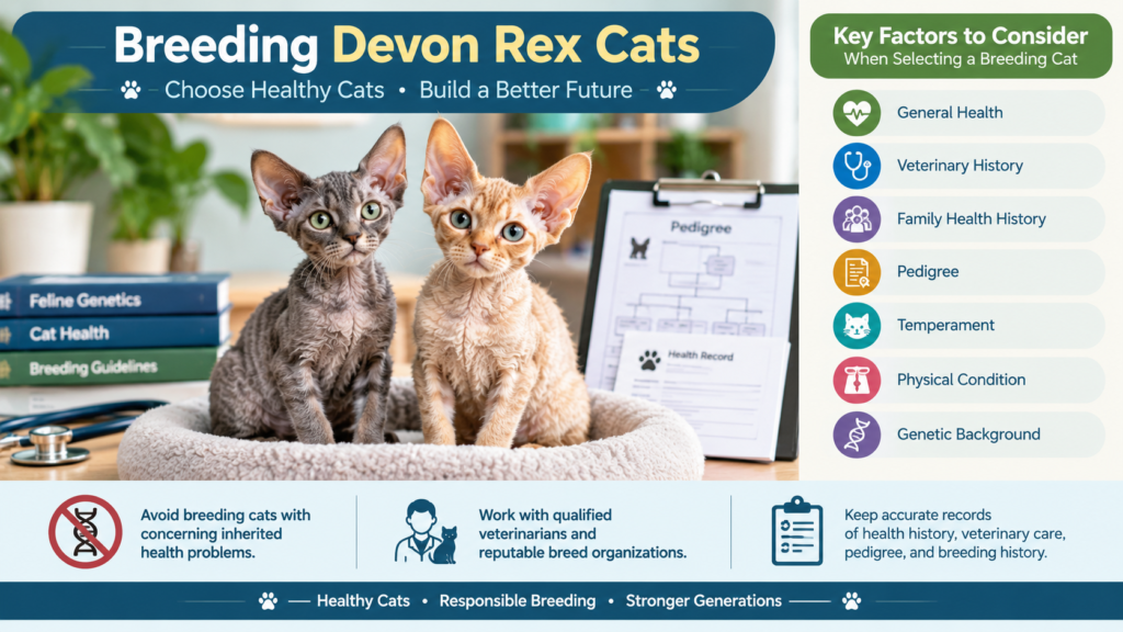 Devon Rex cats selected for breeding based on health, pedigree, temperament, and genetics