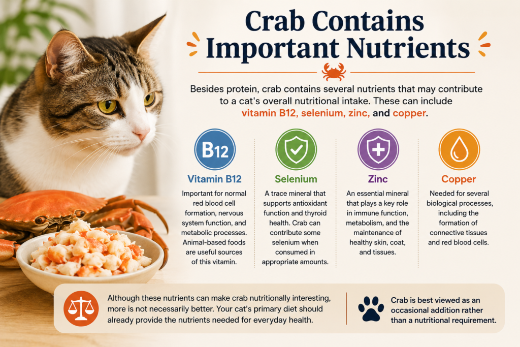 Cat with crab and infographic showing vitamin B12, selenium, zinc, and copper nutrients.