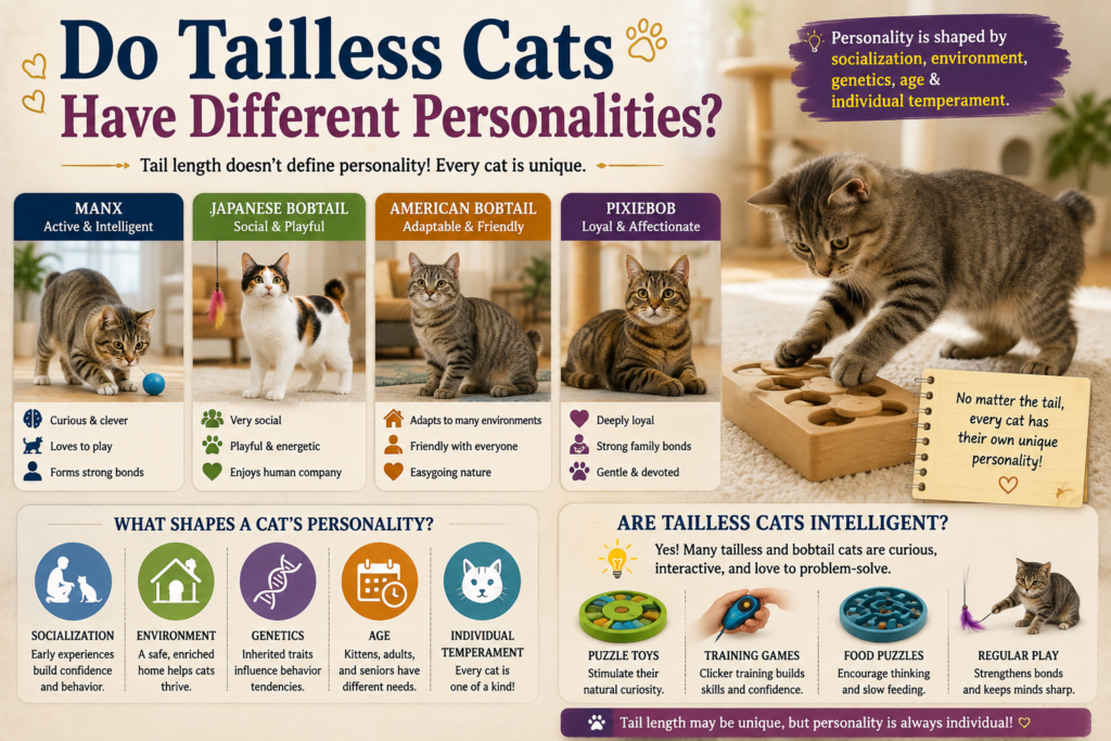 Tailless and bobtail cats showing different personalities, including playful, social, intelligent, and affectionate behaviors.