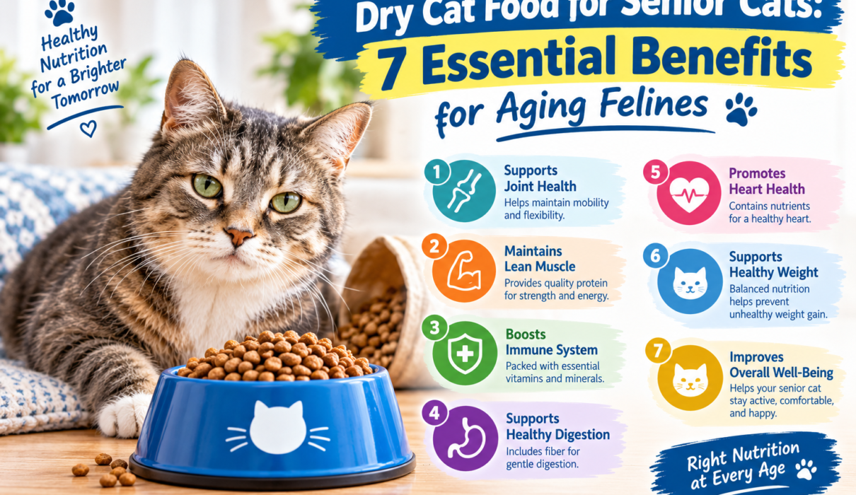 : Senior cat beside a bowl of dry cat food with an infographic showing seven essential benefits for aging felines.