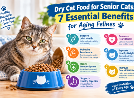 : Senior cat beside a bowl of dry cat food with an infographic showing seven essential benefits for aging felines.