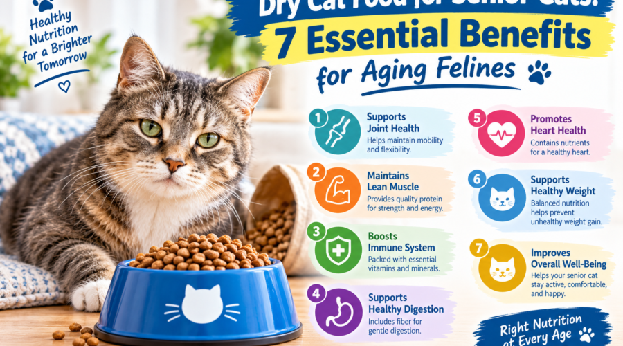 : Senior cat beside a bowl of dry cat food with an infographic showing seven essential benefits for aging felines.