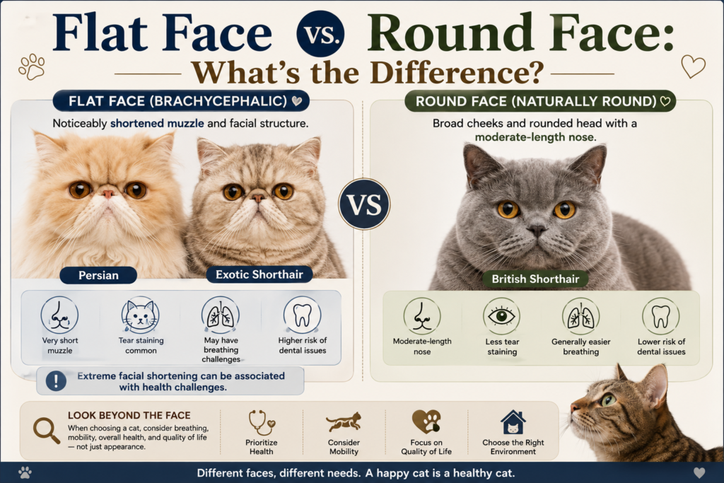 Comparison of flat-faced Persian and Exotic Shorthair cats with a naturally round-faced British Shorthair, showing key facial and health differences