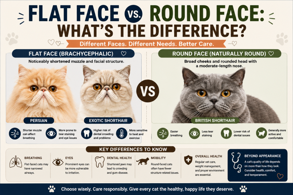 Comparison of flat-faced Persian and Exotic Shorthair cats with a naturally round-faced British Shorthair, showing key facial and health differences.
