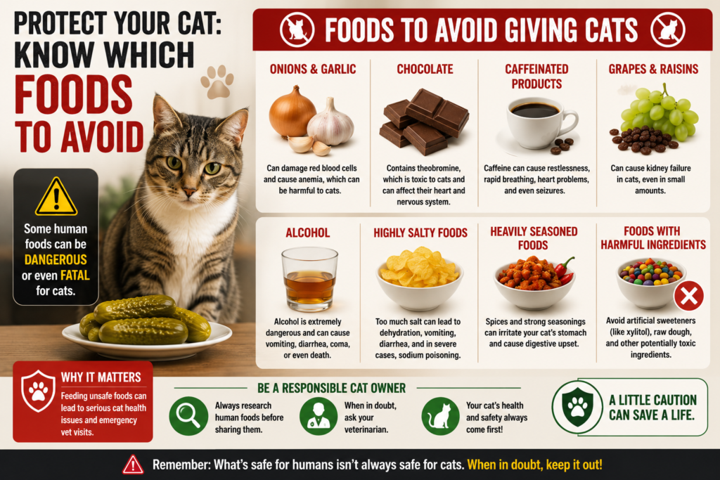This landscape infographic highlights common foods that can be dangerous for cats, including onions and garlic, chocolate, caffeinated products, grapes and raisins, alcohol, highly salty foods, and heavily seasoned foods. It reminds cat owners to research human foods before sharing them and consult a veterinarian when unsure.