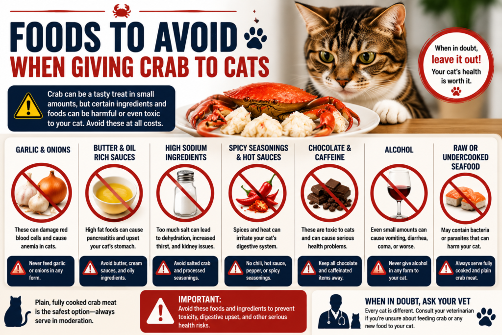 Infographic showing foods to avoid when giving crab to cats, including garlic, onions, salty ingredients, spicy sauces, chocolate, caffeine, alcohol, and raw seafood.