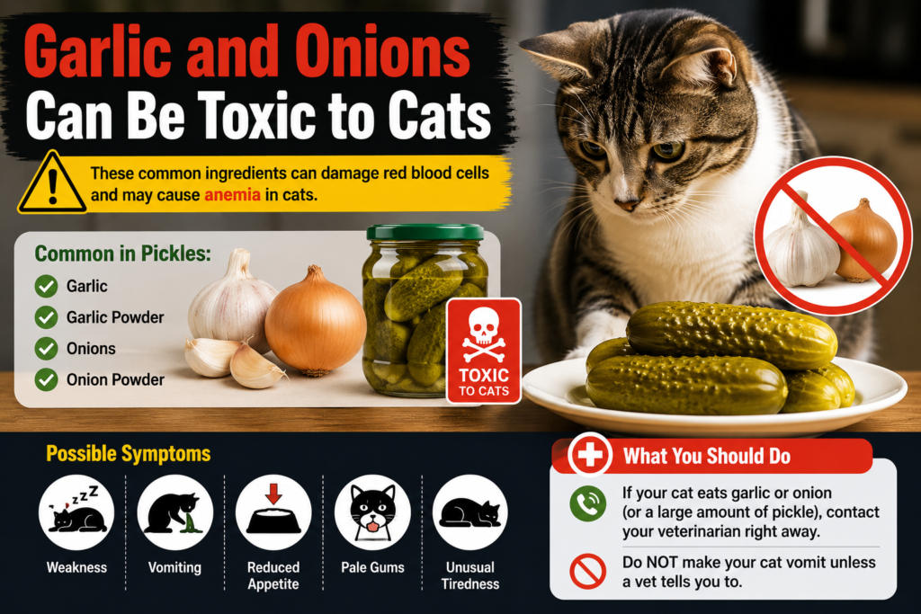  Infographic showing a cat, pickles, garlic, and onions with warnings about their potential toxicity to cats and possible symptoms.