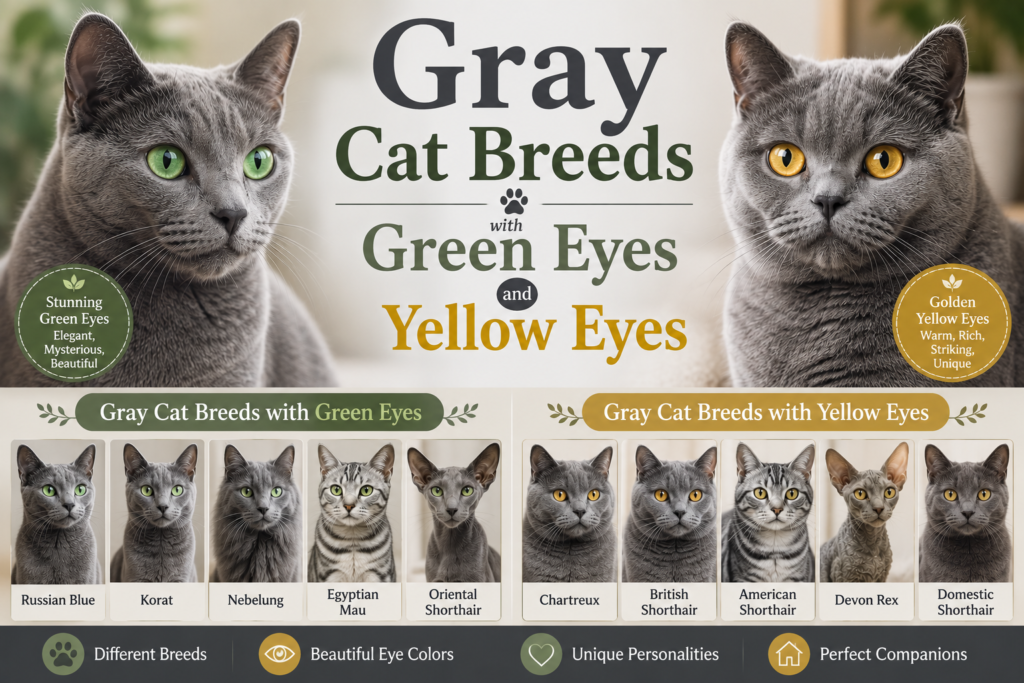 Infographic showing gray cat breeds with striking green eyes and yellow eyes, including Russian Blue, Korat, Nebelung, Chartreux, British Shorthair, Egyptian Mau, Oriental Shorthair, Devon Rex, American Shorthair, and Domestic Shorthair.