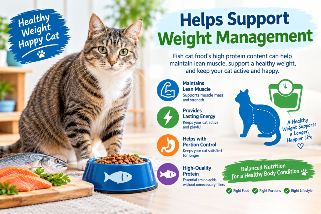 A healthy cat enjoying fish-based food while an infographic highlights the role of high-quality protein in weight management. The image emphasizes lean muscle maintenance, energy, portion control, balanced nutrition, and healthy body condition.Cat eating fish cat food while an infographic highlights protein, portion control, and healthy weight management.