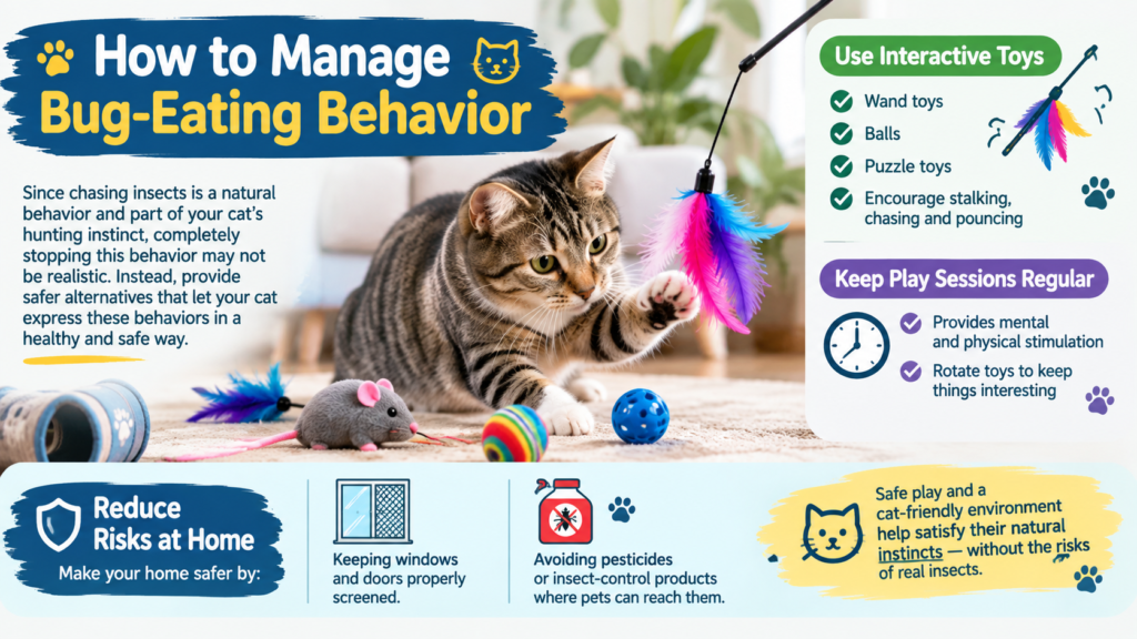 Cat playing with interactive toys as a safe alternative to hunting bugs