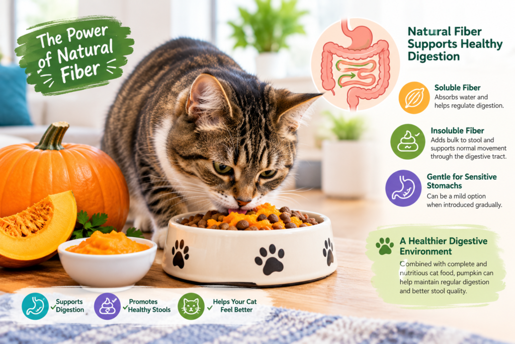 Cat eating pumpkin cat food with natural fiber benefits for healthy digestion