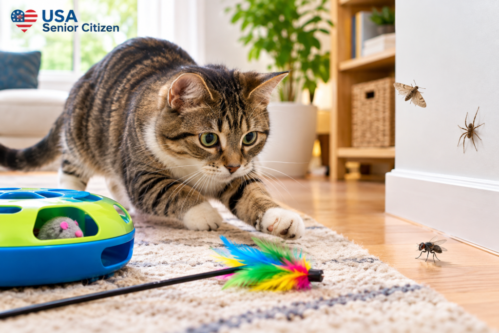 Indoor cat chasing a bug while surrounded by interactive toys in a cozy home.