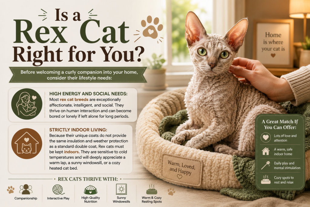 Curly-coated Rex cat relaxing in a warm indoor bed while being gently petted, illustrating Rex cat lifestyle and care needs