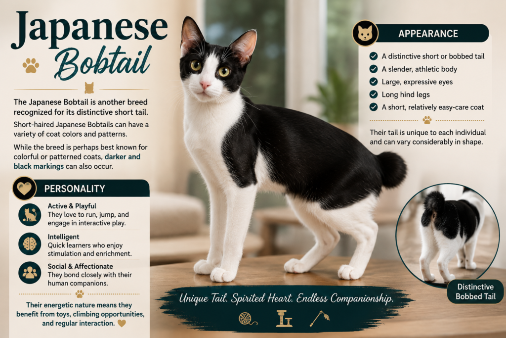 Black and white Japanese Bobtail cat with a distinctive short bobbed tail, slender body, large eyes, and short coat.