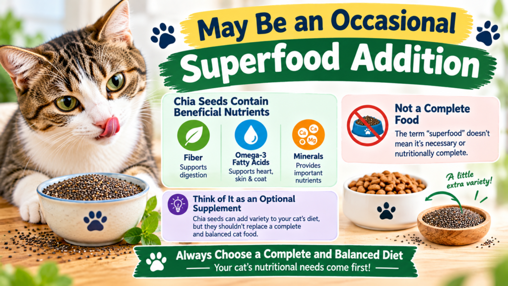 Can Cats Eat Chia Seeds Infographic showing a cat with chia seeds and explaining that chia seeds may be an occasional superfood addition for cats, providing fiber, omega-3 fatty acids, and minerals while emphasizing the importance of a complete and balanced diet.