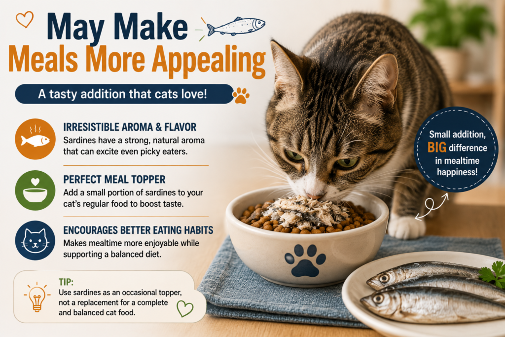 Infographic featuring a tabby cat eating kibble topped with sardines. Text explains that sardines can add appealing aroma and flavor, work as a meal topper, and make mealtime more enjoyable. A tip recommends using sardines occasionally rather than as a replacement for complete and balanced cat food.