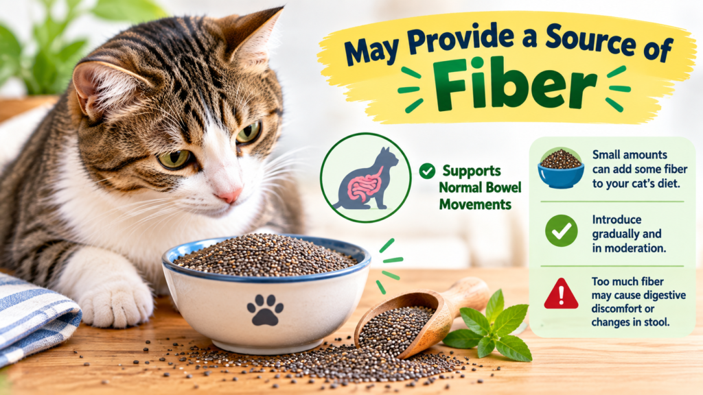 Cat sitting beside a bowl of chia seeds with an infographic explaining that chia seeds may provide fiber, support normal bowel movements, and should be given gradually in moderation.