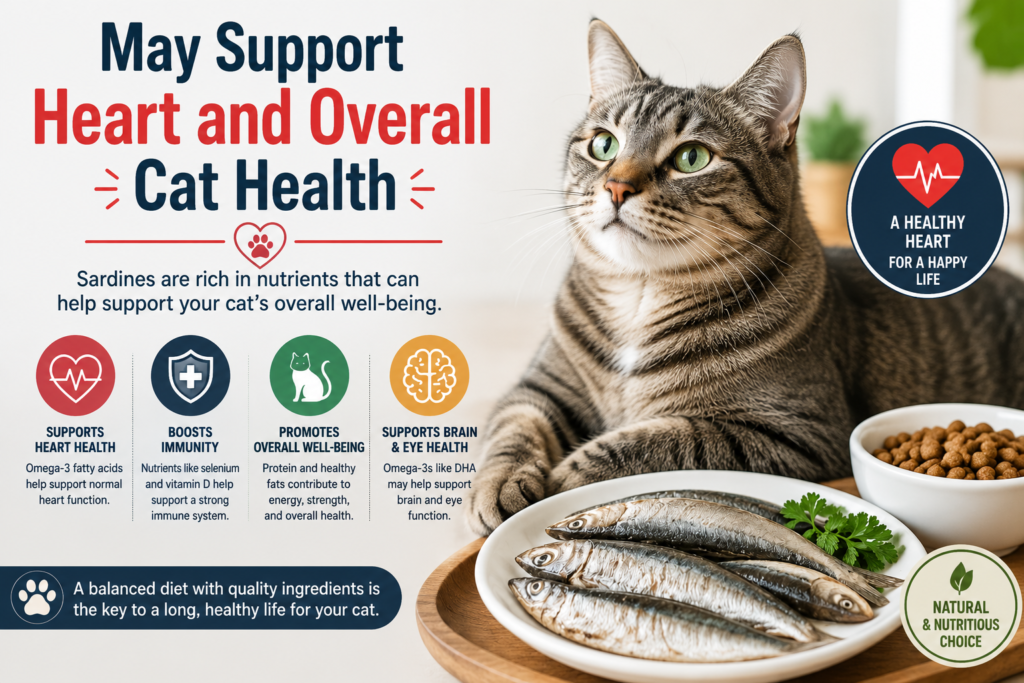 Tabby cat beside sardines and cat food illustrating how sardines may support heart and overall cat health.