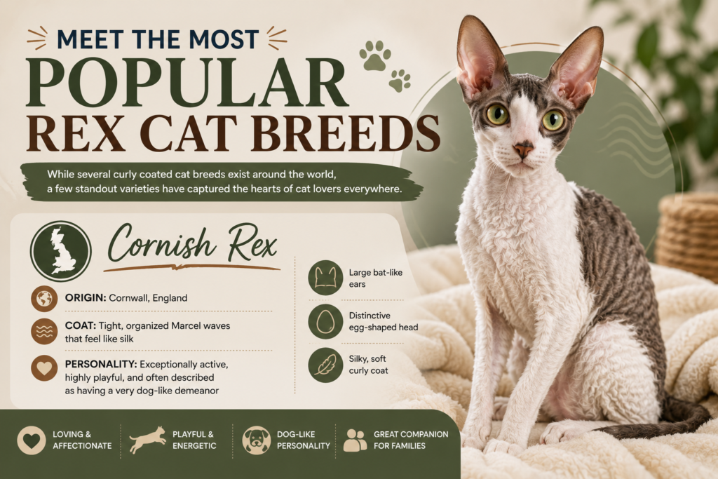 Cornish Rex cat with a curly coat, large ears, and slender body featured in a guide to popular rex cat breeds.