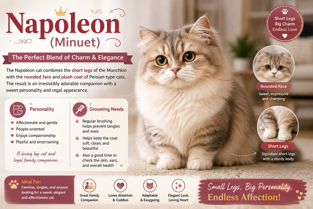 Napoleon (Minuet) cat with short legs, rounded face, and fluffy plush coat indoors.