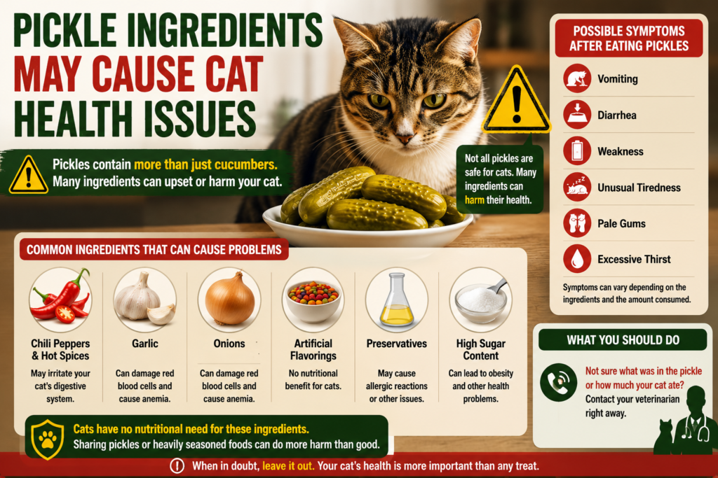 can cat eat picles. Infographic showing a cat and pickles with warnings about harmful ingredients such as garlic, onions, hot spices, preservatives, and sugar that may cause cat health issues.