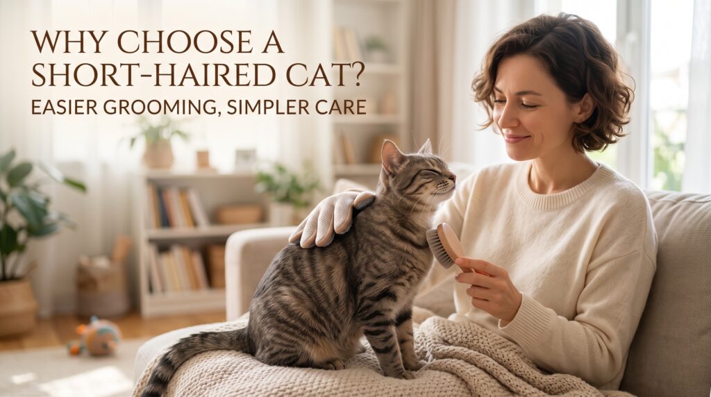 A smiling woman sitting on a comfortable couch in a brightly lit living room, gently brushing a relaxed, short-haired gray tabby cat. The text overlay reads, "Why Choose a Short-Haired Cat? Easier Grooming, Simpler Care."