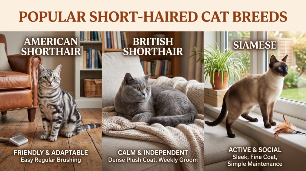 Short-Haired Cat Breeds." The left panel shows a silver tabby American Shorthair sitting by a grooming brush with the text "Friendly & Adaptable, Easy Regular Brushing." The center panel shows a gray British Shorthair resting on a cozy blanket with the text "Calm & Independent, Dense Plush Coat, Weekly Groom." The right panel features a Siamese cat looking out a window with the text "Active & Social, Sleek, Fine Coat, Simple Maintenance