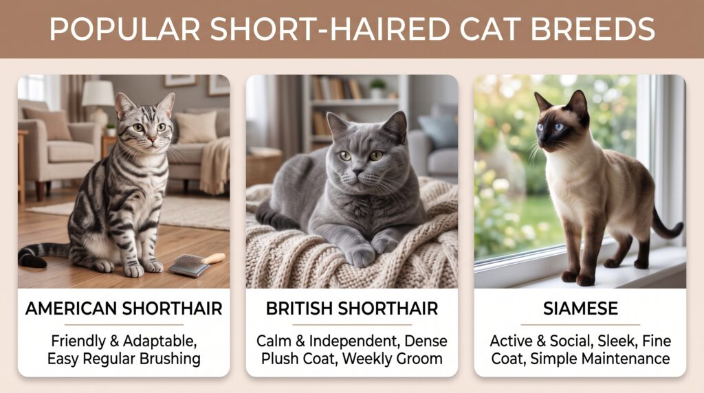 An educational infographic under the main header 'POPULAR SHORT-HAIRED CAT BREEDS'. Below the header are three distinct rounded vertical panels with clean white backgrounds. The first panel on the left features a photograph of a silver tabby American Shorthair cat sitting upright on a wood floor, next to a grooming brush. Text below reads: 'AMERICAN SHORTHAIR' and 'Friendly & Adaptable, Easy Regular Brushing'. The second panel in the middle features a photograph of a blue (gray) British Shorthair cat lounging comfortably on a chunky cream-colored knitted blanket. The background shows bookshelves and plants. Text below reads: 'BRITISH SHORTHAIR' and 'Calm & Independent, Dense Plush Coat, Weekly Groom'. The third panel on the right features a photograph of a pointed Siamese cat standing elegantly on a white windowsill, looking out a large window into a green garden. Text below reads: 'SIAMESE' and 'Active & Social, Sleek, Fine Coat, Simple Maintenance'.