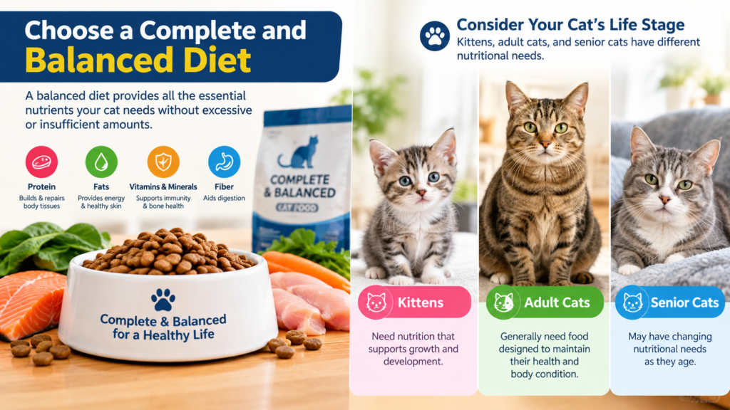This infographic explains the importance of choosing a complete and balanced diet for cats. It highlights key nutrients and shows how dietary needs can differ for kittens, adult cats, and senior cats. Selecting food appropriate for your cat’s life stage can support proper nutrition and overall health.Choose a complete and balanced diet for cats at every life stage